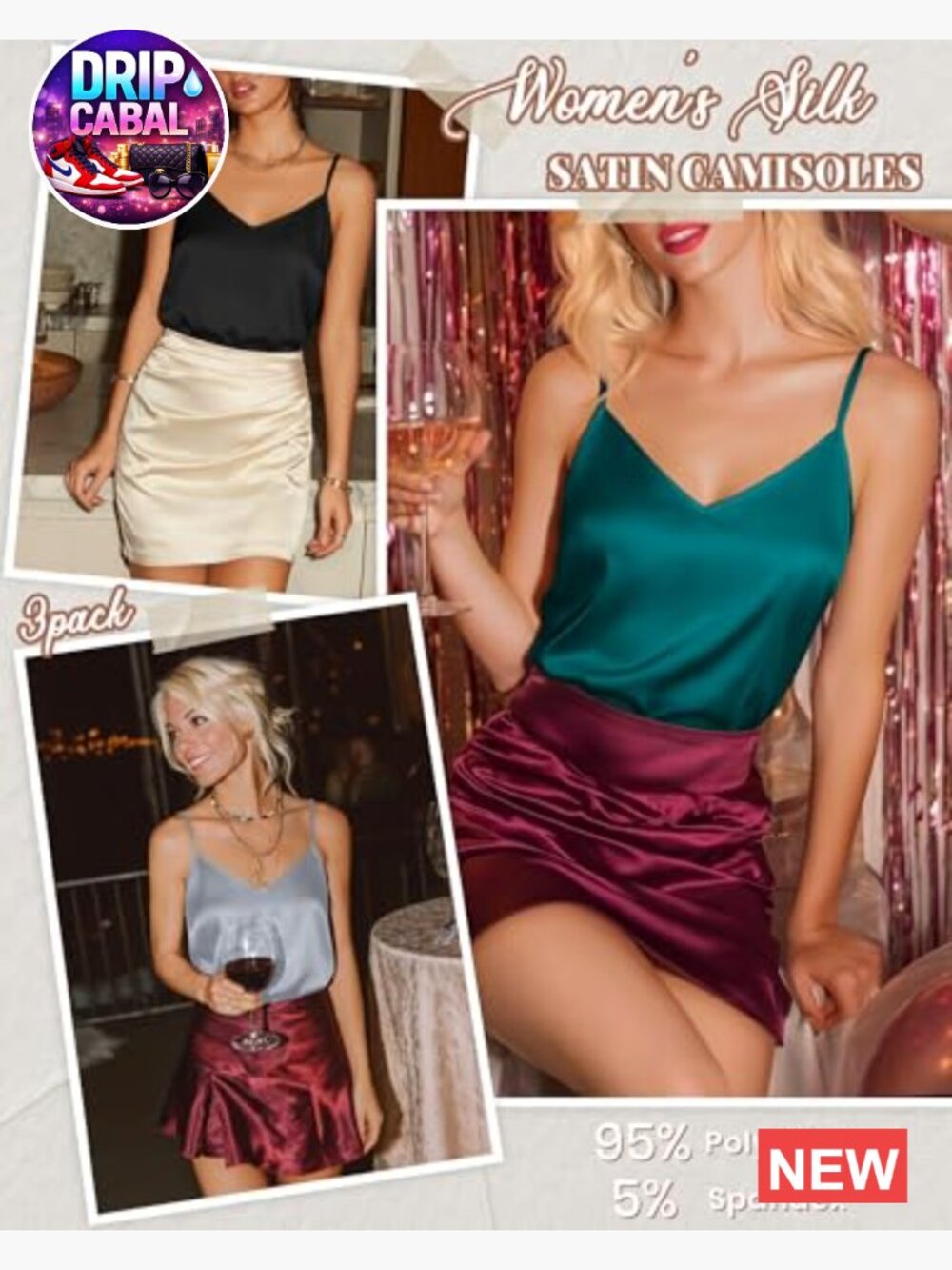 3 Pack Silk Satin V Neck Adjustable Spaghetti Strap Tank Cami Tops Sleeveless - Picture 4 of 7